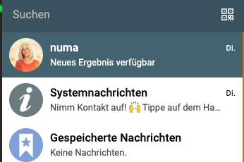 Die Chatliste von DeltaChat mit dem neuen Eintrag „numa“ ganz oben